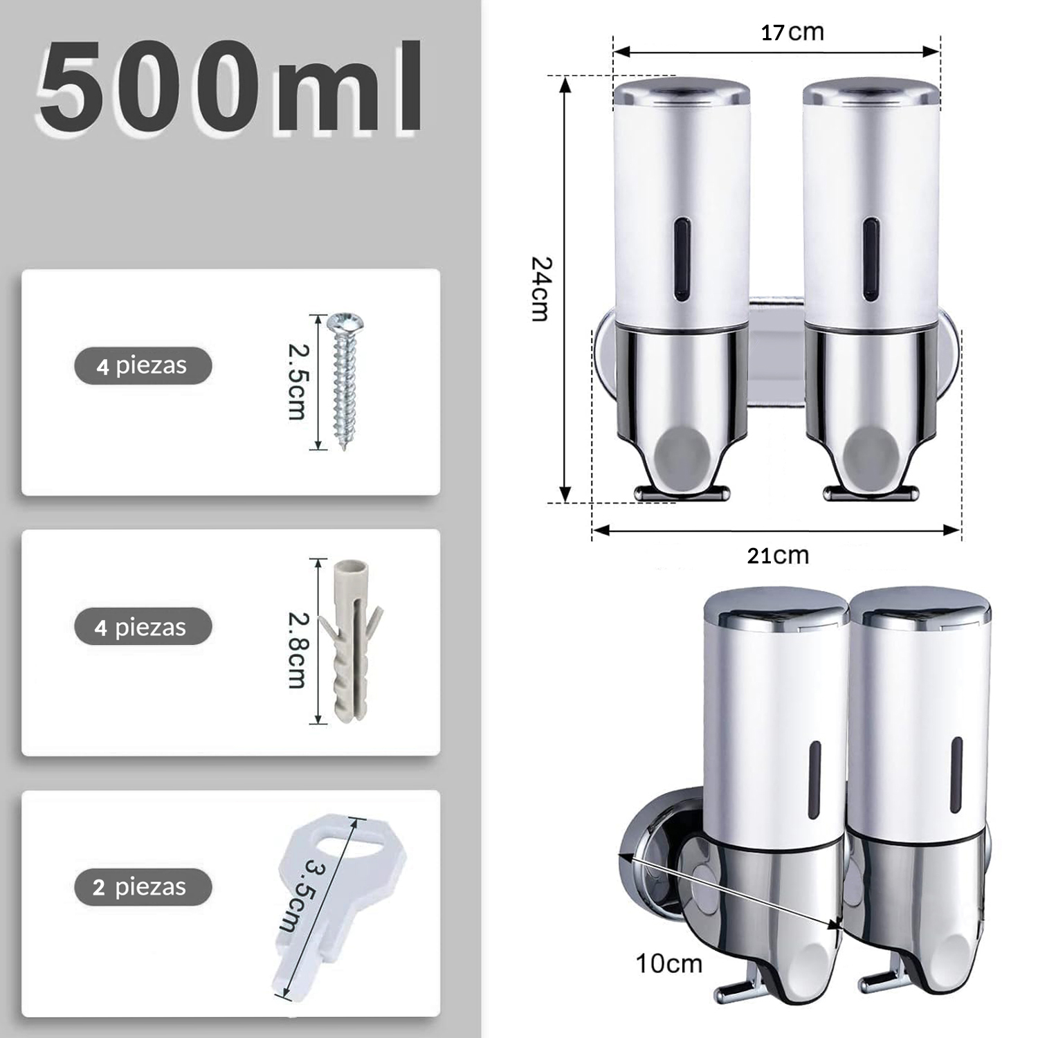 DISPENSER PARED TRANSPARENTE DOBLE 1000ML - Imagen 4