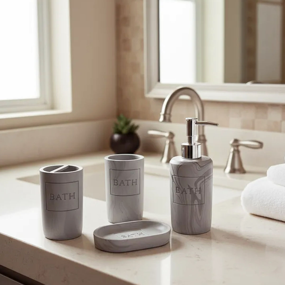 SET DE BAÑO RESINA 4 PIEZAS MÁRMOL GRIS