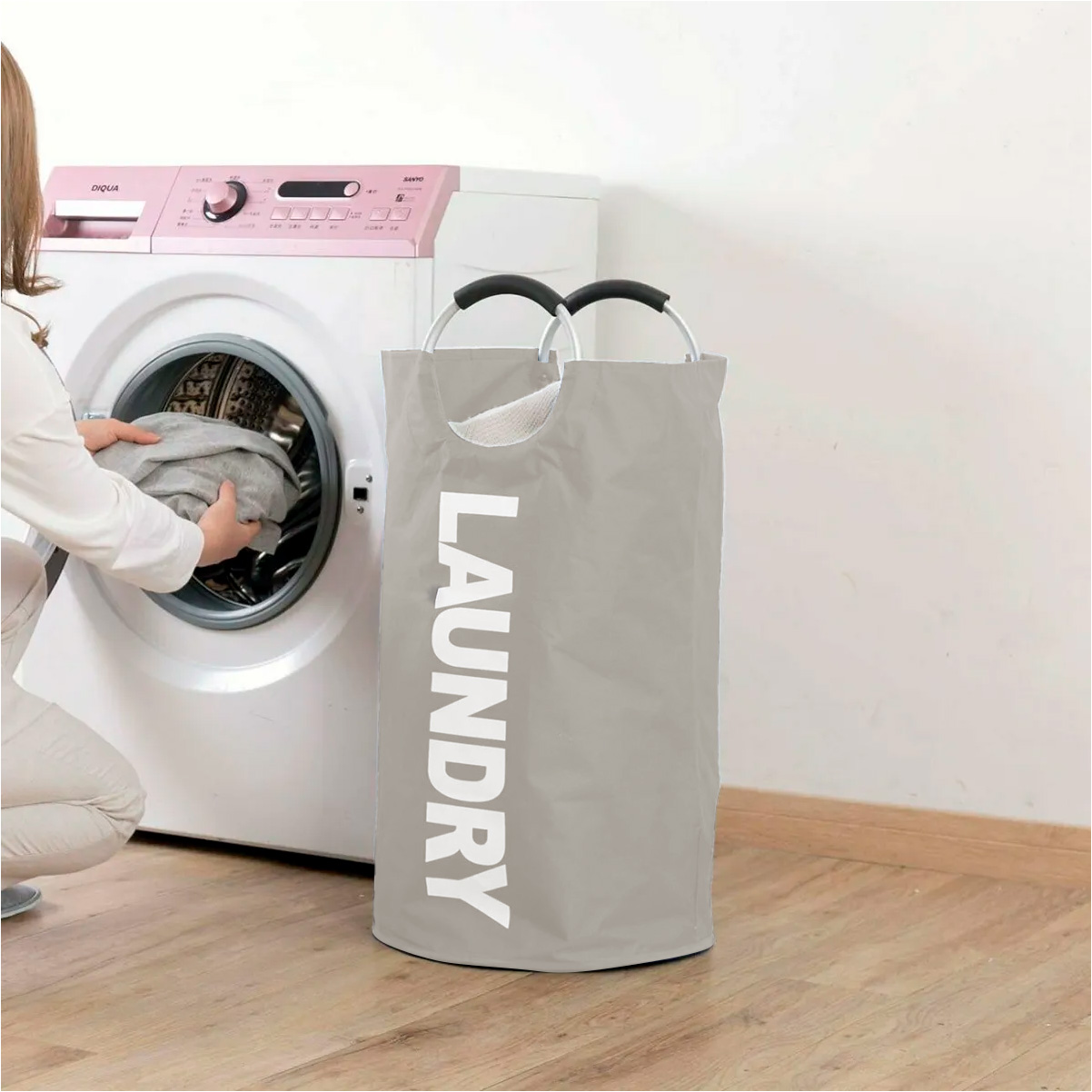 CESTO ROPA DE LONA CON MANIJA NATURAL