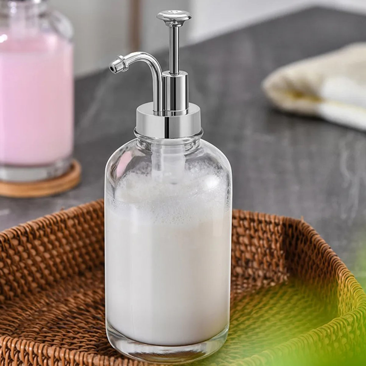 DISPENSER RETRO VINTAGE DE JABON LIQUIDO DE VIDRIO