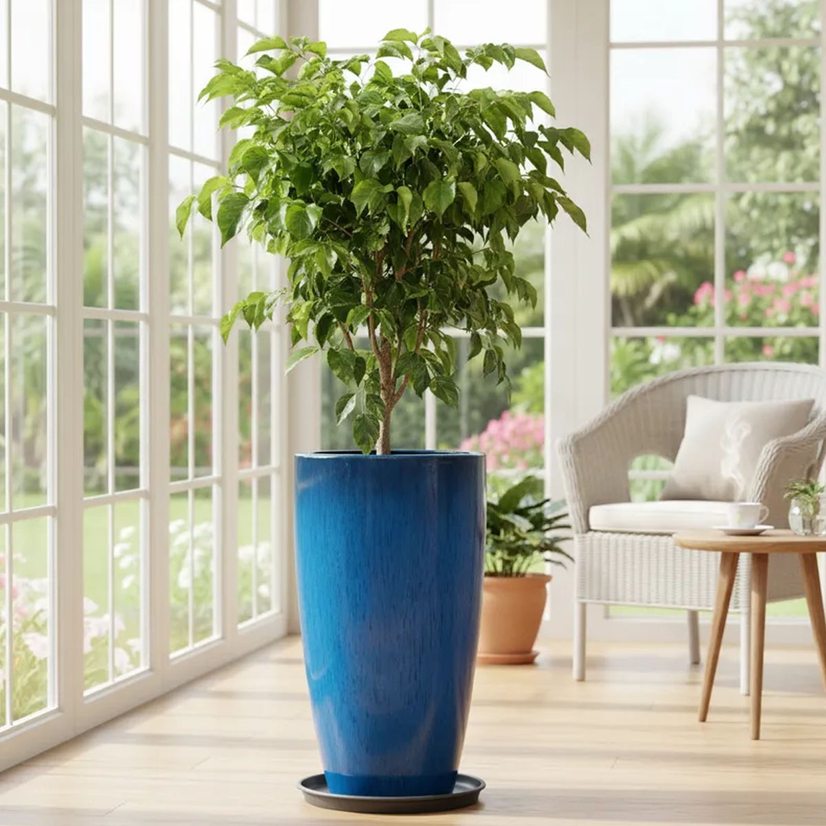 MACETA DE FIBRA AZUL CONICA 54CM DE ALTO X 30CM DE DIAMETRO