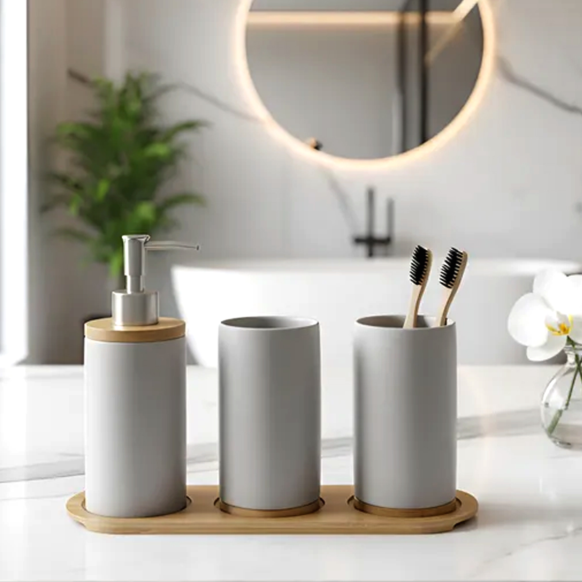 SET DE BAÑO CERÁMICA Y BAMBÚ