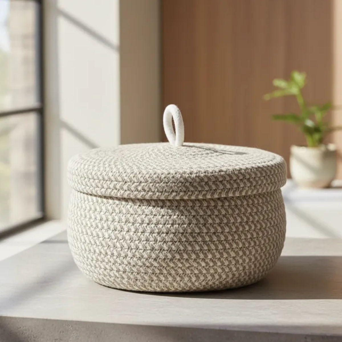 CESTO ORGANIZADOR DE CUERDAS TRENZADAS CON TAPA 18CM