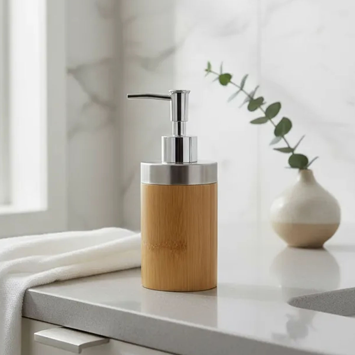 DISPENSER DE JABON O DETERGENTE DE BAMBU Y ACERO INOXIDABLE