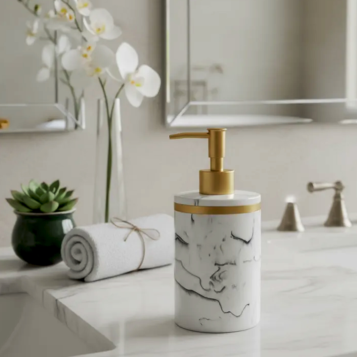 DISPENSER JABÓN RESINA MÁRMOL DORADO - Imagen 2