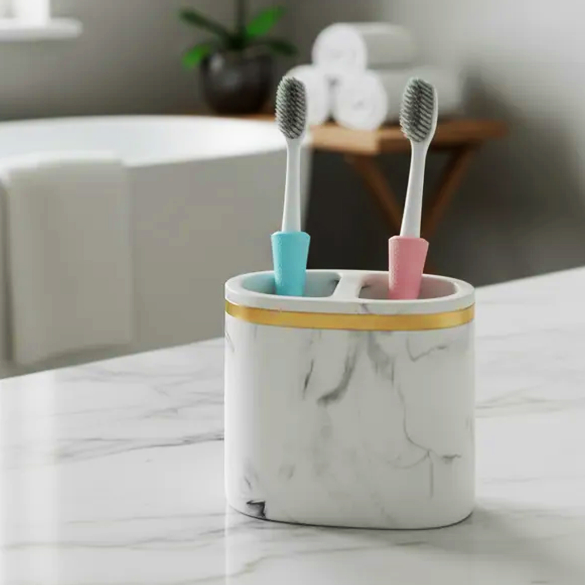 PORTA CEPILLO DE RESINA MÁRMOL DORADO