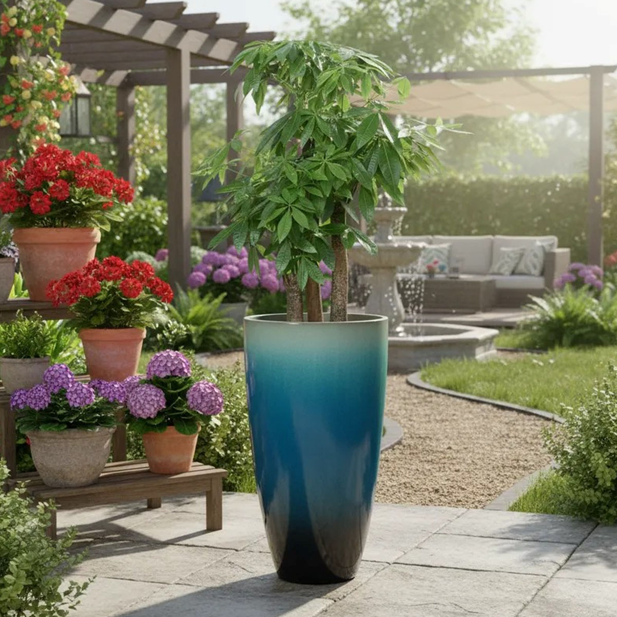 MACETA DE FIBRA AZUL CELESTE CONICA 54CM DE ALTO X 30CM DE DIAMETRO - Imagen 2