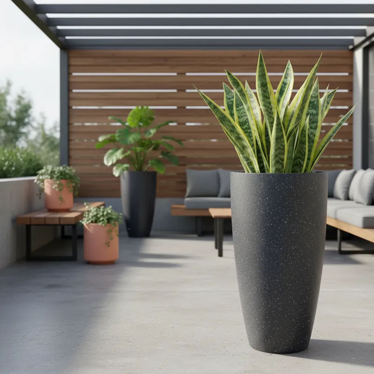 MACETA DE FIBRA PIEDRA GRIS CONICA 54CM ALTO X 30CM DIAMETRO - Imagen 2