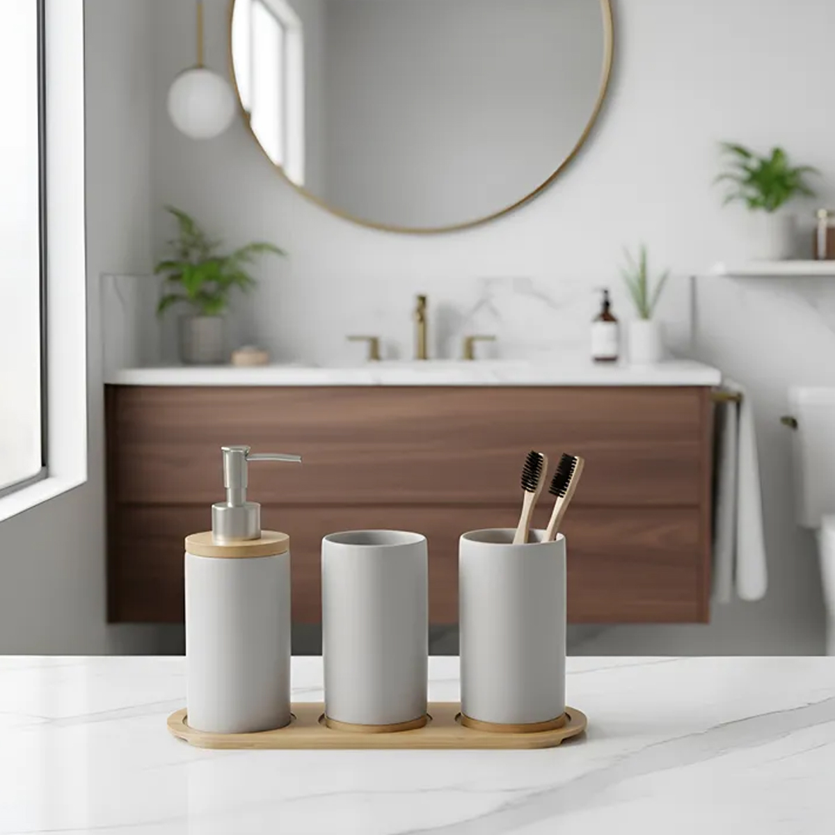 SET DE BAÑO CERÁMICA Y BAMBÚ - Imagen 2