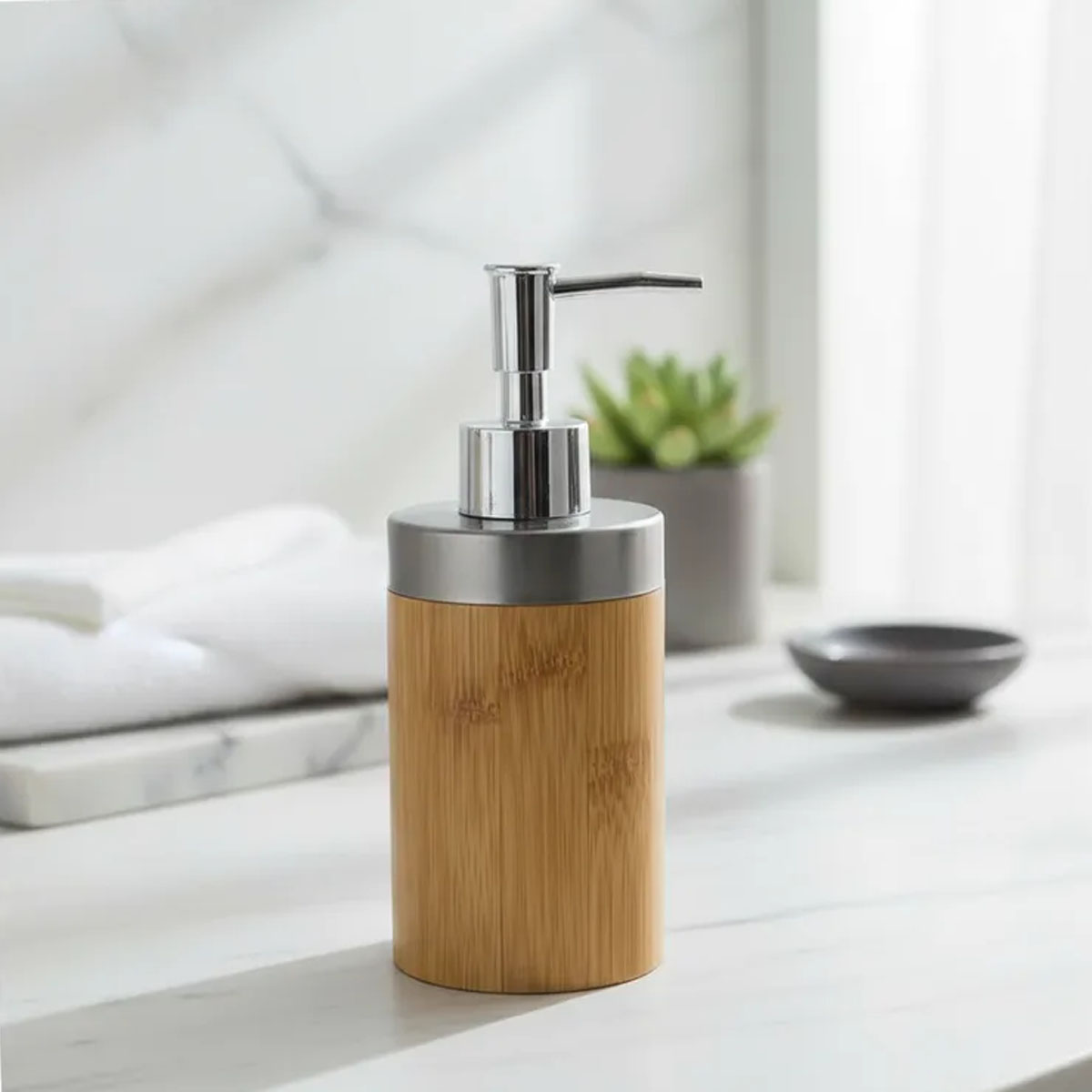 DISPENSER DE JABON O DETERGENTE DE BAMBU Y ACERO INOXIDABLE - Imagen 2