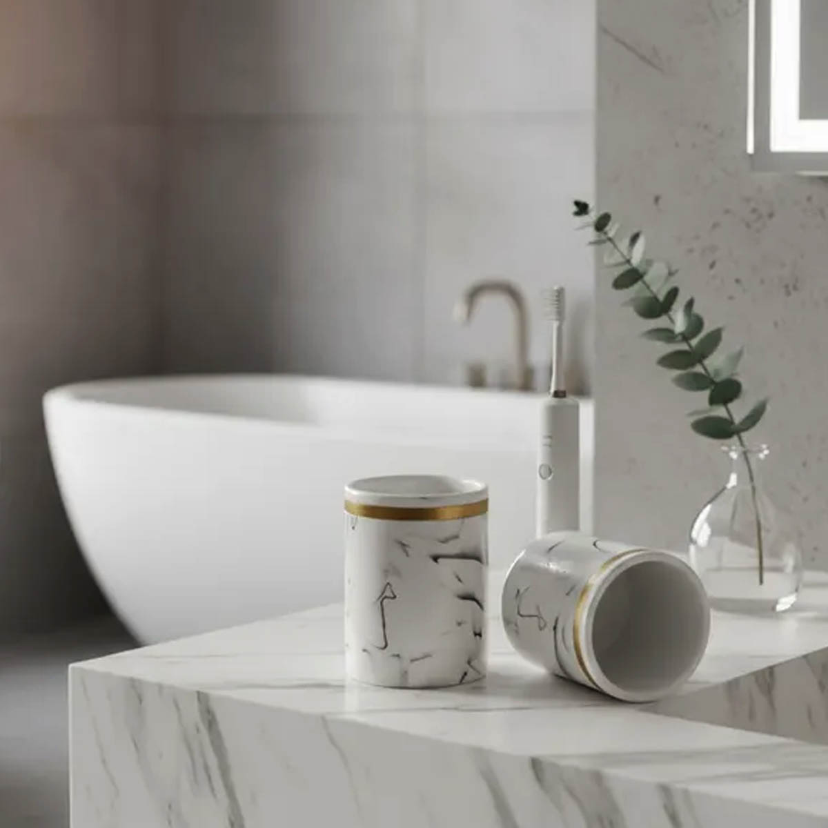 VASO PORTA CEPILLO RESINA MÁRMOL DORADO - Imagen 2