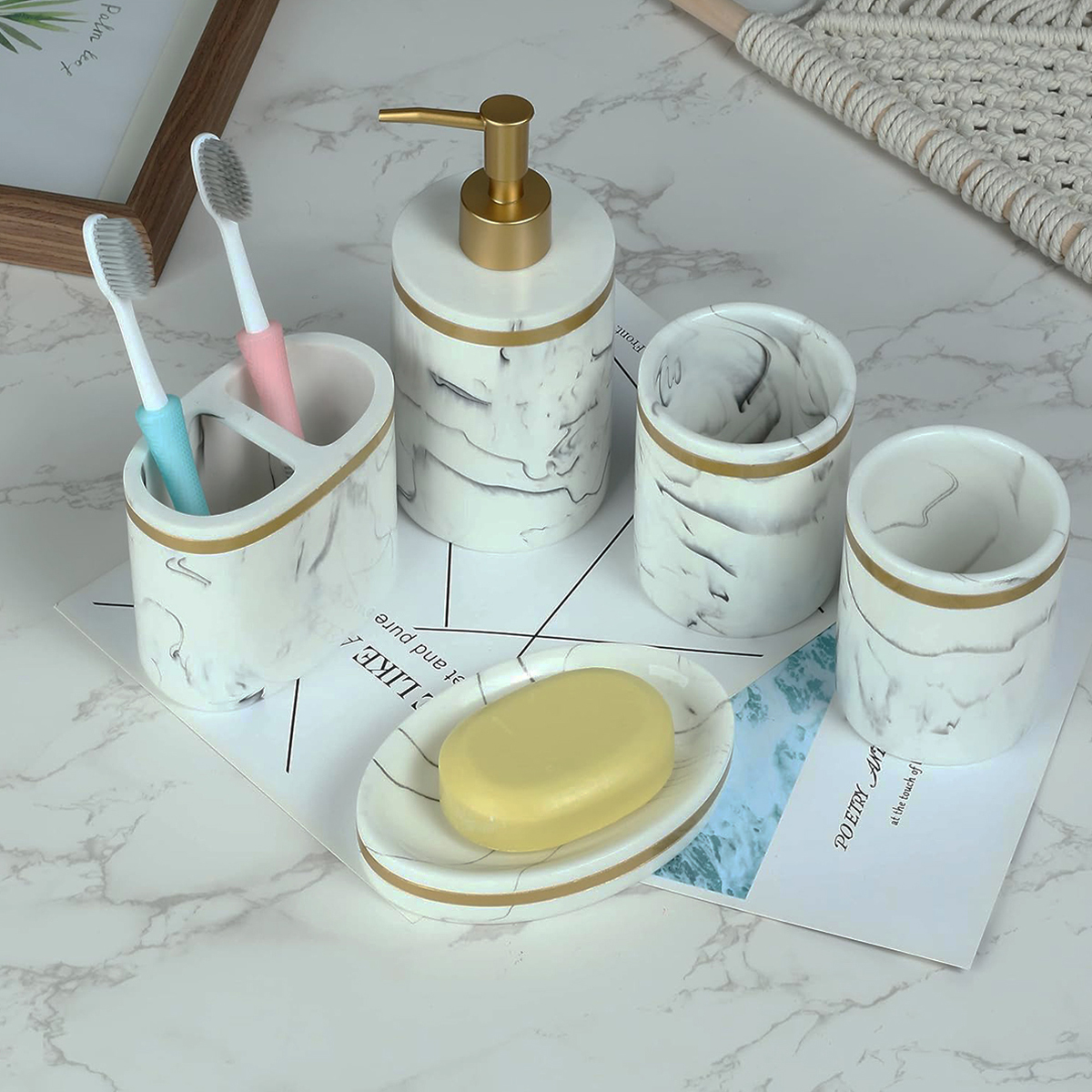 VASO PORTA CEPILLO RESINA MÁRMOL DORADO - Imagen 3