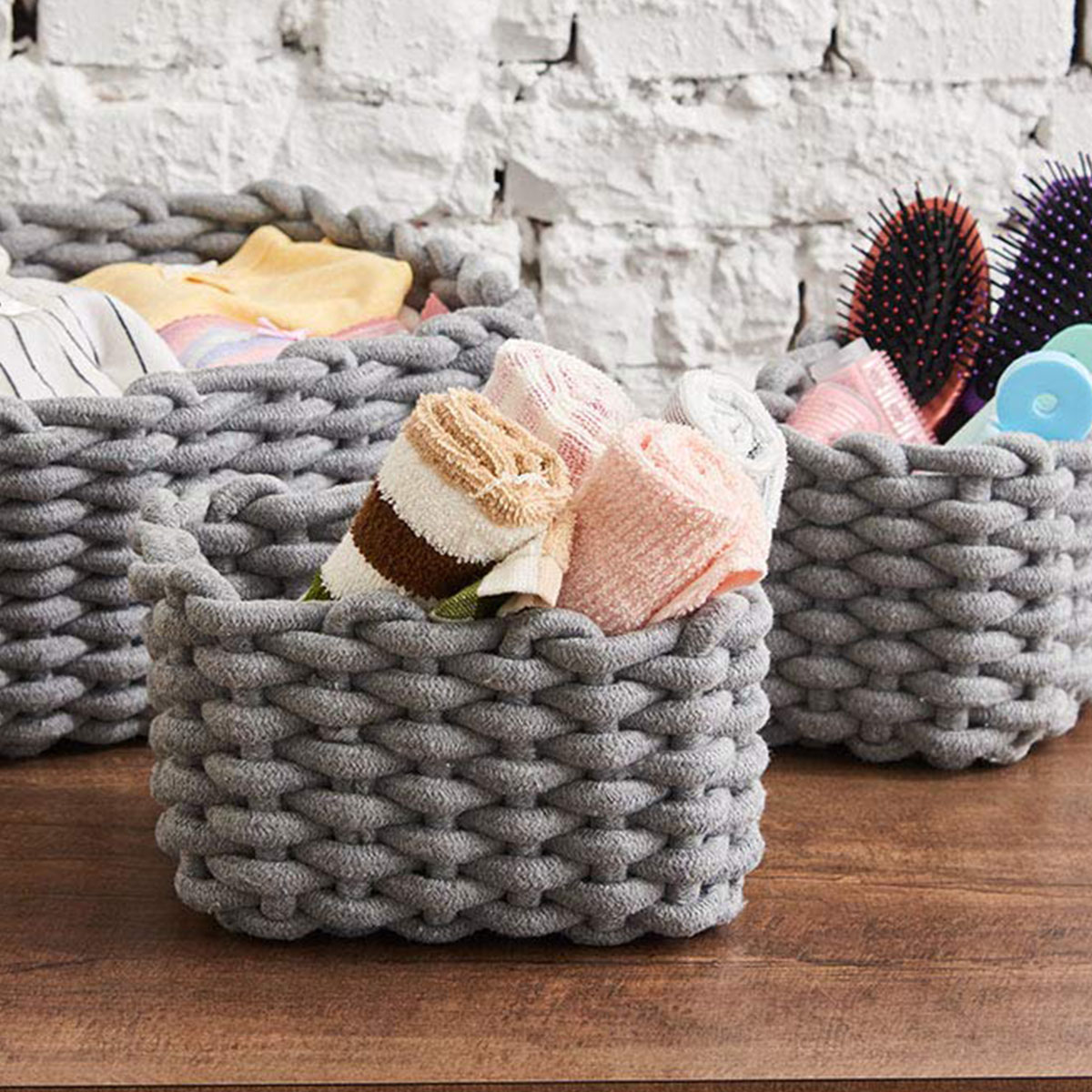 CESTA DE ALMACENAMIENTO TEJIDAS EN ALGODÓN GRIS 28 x 25 x 17 CM - Imagen 3