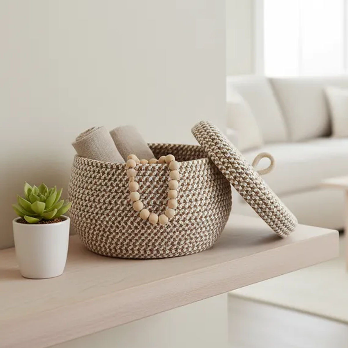 CESTO ORGANIZADOR DE CUERDAS TRENZADAS CON TAPA 21CM - Imagen 4