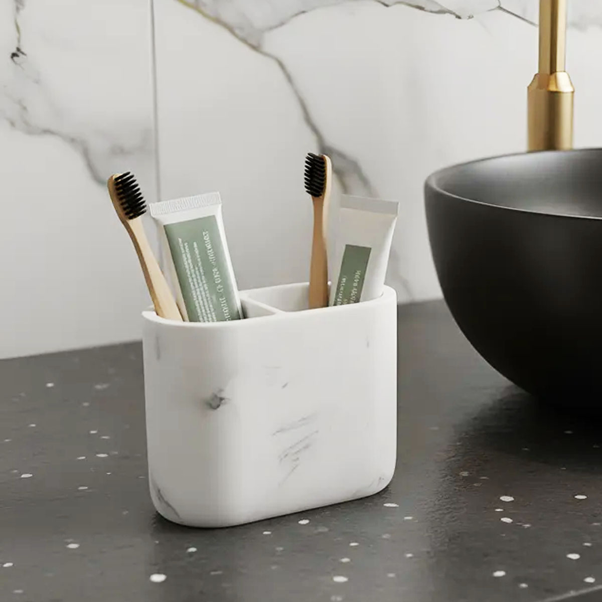 PORTA CEPILLO RESINA MÁRMOL BLANCO OPACO