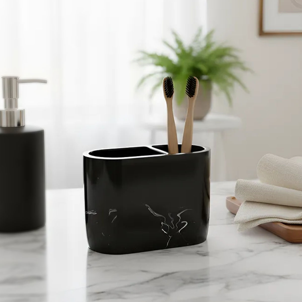 PORTA CEPILLO RESINA MÁRMOL NEGRO BRILLANTE